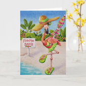 Whimsical Pink Flamingo Nr. 2 Wasserfarbe Kunst Karte (Gelbe Blume)