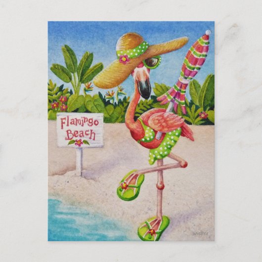 Whimsical Pink Flamingo Nr. 2 Wasserfarbe Kunst Postkarte (Vorderseite)