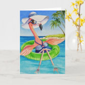 Whimsical Pink Flamingo Nr. 3 Wasserfarbe Kunst Karte (Gelbe Blume)