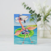 Whimsical Pink Flamingo Nr. 3 Wasserfarbe Kunst Postkarte (Stehend Vorderseite)