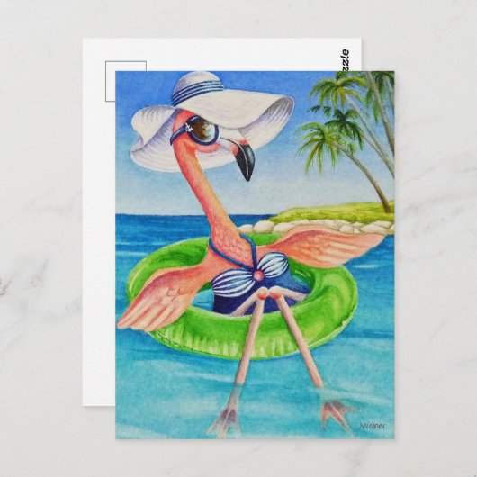 Whimsical Pink Flamingo Nr. 3 Wasserfarbe Kunst Postkarte (Vorne/Hinten)