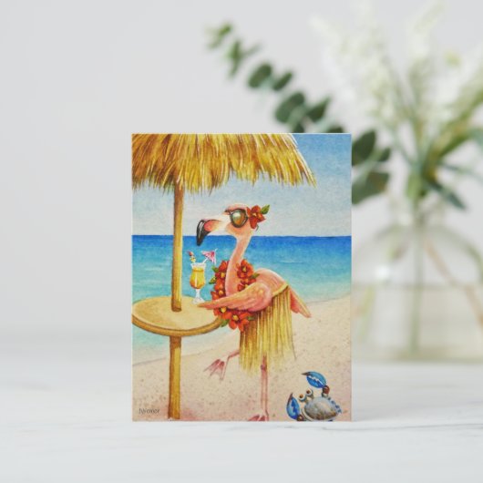 Whimsical Pink Flamingo Nr. 4 Wasserfarbe Kunst Postkarte (Stehend Vorderseite)
