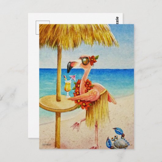Whimsical Pink Flamingo Nr. 4 Wasserfarbe Kunst Postkarte (Vorne/Hinten)