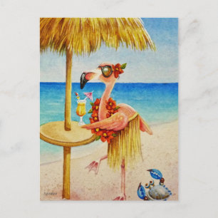 Whimsical Pink Flamingo Nr. 4 Wasserfarbe Kunst Postkarte