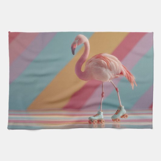Whimsical Pink Flamingo on Roller Skates Geschirrtuch (Horizontal)