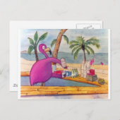 Whimsical Pink Flamingo Pours Party Drinks Strand Postkarte (Vorne/Hinten)