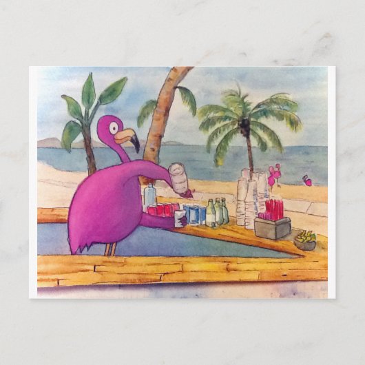Whimsical Pink Flamingo Pours Party Drinks Strand Postkarte (Vorderseite)