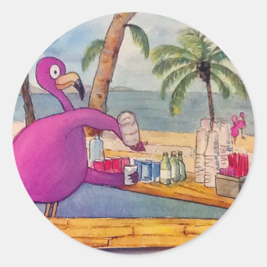 Whimsical Pink Flamingo Pours Party Drinks Strand Runder Aufkleber (Vorderseite)
