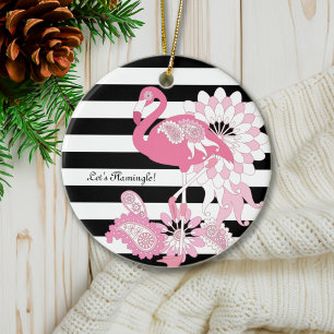 Whimsical Pink Flamingo Schwarz-Weiß-Gestreift Keramik Ornament