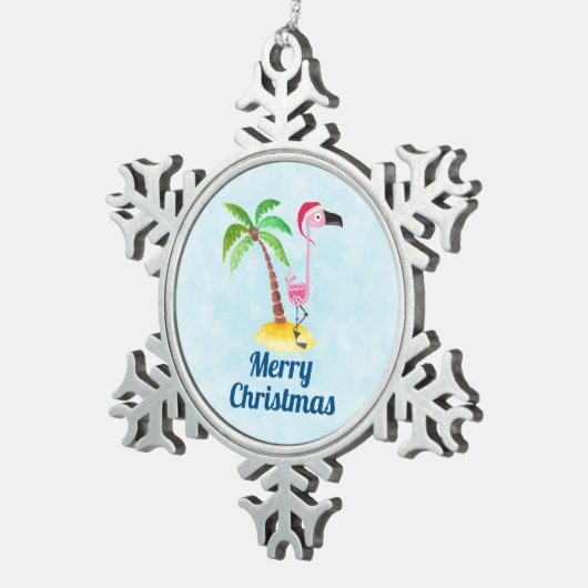 Whimsical Pink Flamingo Tropical Weihnachten Schneeflocken Zinn-Ornament (Rechts)