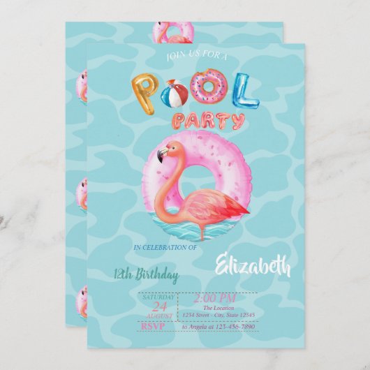 Whimsical Pink Flamingos Pool Schwimmbad Sommer Einladung (Vorne/Hinten)
