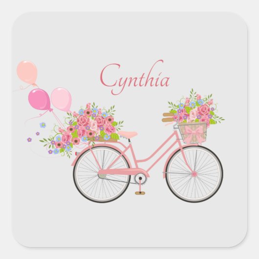 Whimsical Pink Floral Bike Personalisiert Quadratischer Aufkleber (Vorderseite)