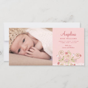 Whimsical Pink Floral Blooms Baby Girl Foto Geburt Ankündigung