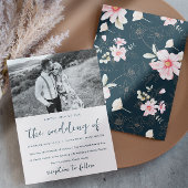 Whimsical Pink Floral Foto Wedding Blue Einladung