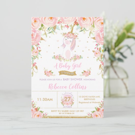 Whimsical Pink Floral Unicorn Baby Shower Girl Einladung (Stehend Vorderseite)