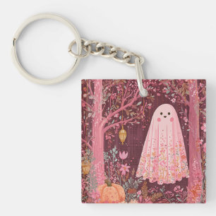 Whimsical Pink Ghost im verzauberten Blumenwald Schlüsselanhänger