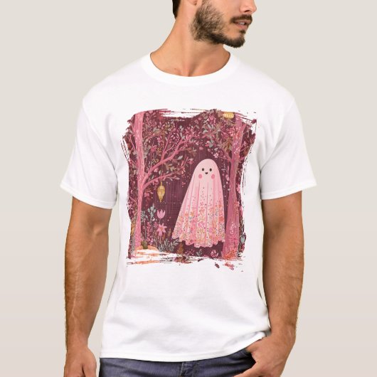 Whimsical Pink Ghost im verzauberten Blumenwald T-Shirt (Vorderseite)