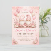 Whimsical Pink Gnom 3. Geburtstag Einladung (Stehend Vorderseite)
