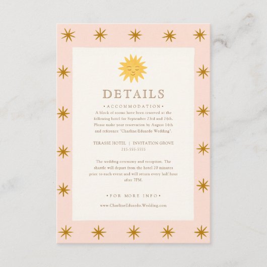 Whimsical Pink & Gold Sun Wedding Details Card Begleitkarte (Vorderseite)