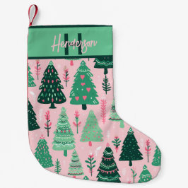 Whimsical Pink & Green Christmas Tree Pattern Name Kleiner Weihnachtsstrumpf