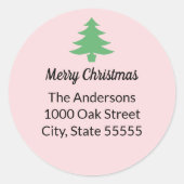 Whimsical Pink Green Christmas Tree Rücksendeadres Runder Aufkleber (Vorderseite)