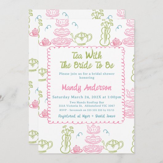 Whimsical Pink Green Hand Drawn Tee Brautparty Einladung (Vorne/Hinten)