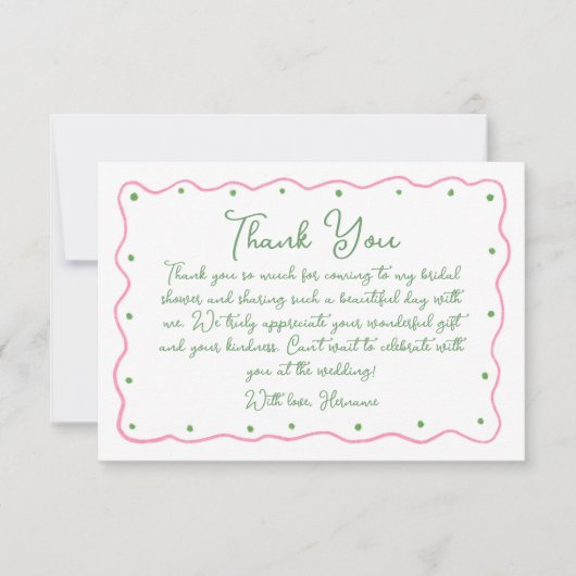 Whimsical Pink Green Hand Painted Bridal Shower Dankeskarte (Vorderseite)