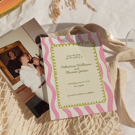 Whimsical Pink & Green Wedding Save the Date Einladung
