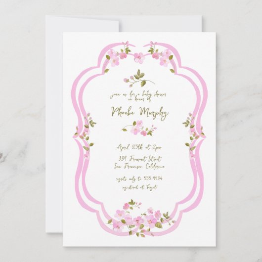 Whimsical Pink Greenery bemalt Blumenbaby Dusche Einladung (Vorderseite)