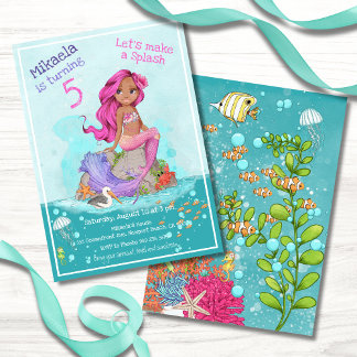 Whimsical Pink Hair Mermaid Girl Birthday Party Einladung