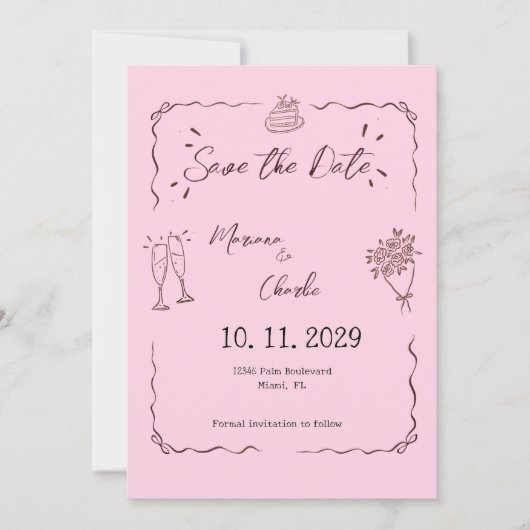 Whimsical Pink Hand Drawn Illustrated Wedding  Save The Date (Vorderseite)