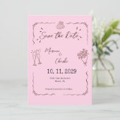 Whimsical Pink Hand Drawn Illustrated Wedding  Save The Date (Stehend Vorderseite)