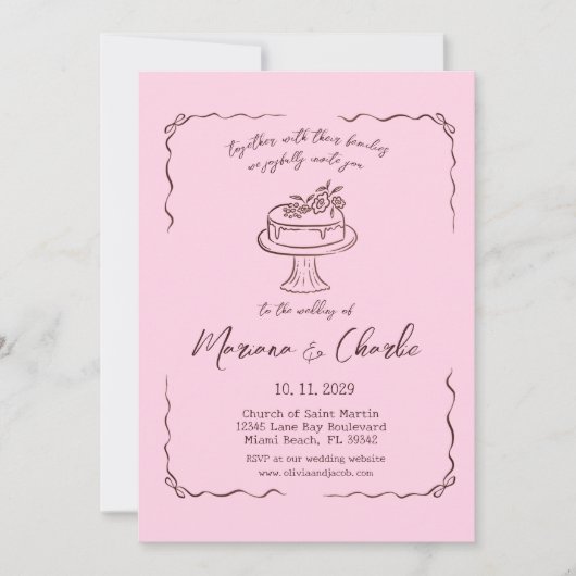 Whimsical Pink Hand Drawn Illustration Wedding  Einladung (Vorderseite)