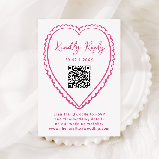 Whimsical Pink Heart QR Code Wedding RSVP Karte