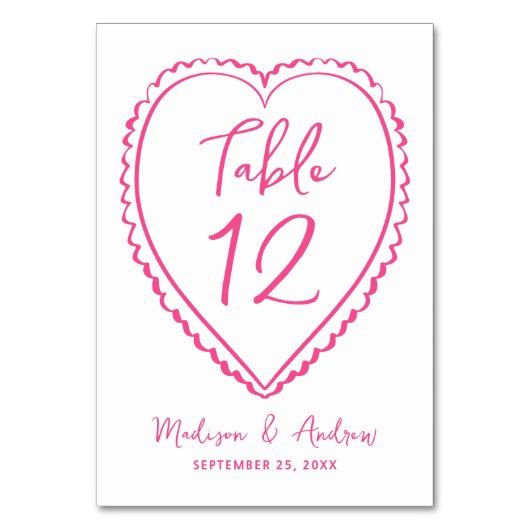 Whimsical Pink Heart Wedding Tischnummer (Vorderseite)