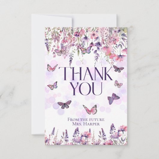 Whimsical Pink Lila Schmetterlinge & Wildblumen Dankeskarte (Vorderseite)
