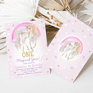 Whimsical Pink Magical Year Unicorn 1. Geburtstag Einladung