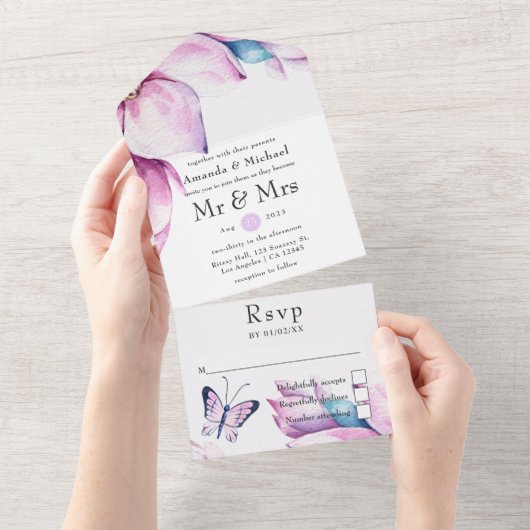 Whimsical Pink Magnolia Bloral Wedding All In One Einladung (Abreißen)