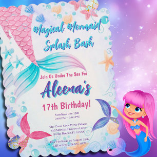 Whimsical Pink Mermaid Schwanz 17. Geburtstag Einladung