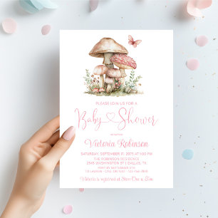 Whimsical Pink Mushroom Butterfly Baby Shower  Einladung