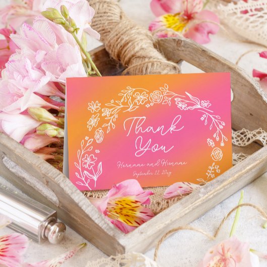 Whimsical Pink Orange Blume Handgezeichnet Dankeskarte