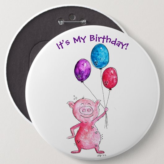 Whimsical Pink Pig mit Balloons Button (Vorne & Hinten)