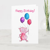 Whimsical Pink Pig mit Balloons Karte (Vorderseite)