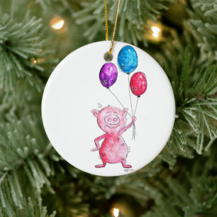 Whimsical Pink Pig mit Balloons Keramik Ornament