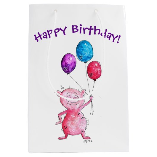 Whimsical Pink Pig mit Balloons Mittlere Geschenktüte (Vorderseite)