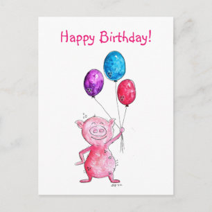 Whimsical Pink Pig mit Balloons Postkarte