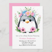 Whimsical Pink Pinguin Girl Baby Dusche Einladung (Vorne/Hinten)