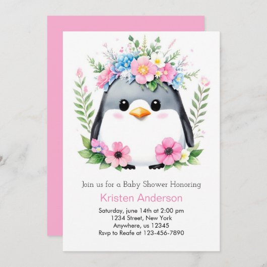 Whimsical Pink Pinguin Girl Baby Dusche Einladung (Vorne/Hinten)