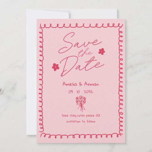 Whimsical Pink Pink Doodle Scribble Termin vormerk Einladung (Vorderseite)