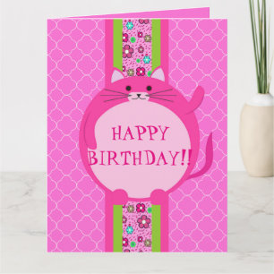 Whimsical Pink Puff Kitty Quatrefolie Geburtstagsk Karte